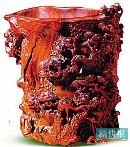 古芸】中国 明時代 張希黄彫 竹工芸 琴棋書畫 筆筒 文房具 書